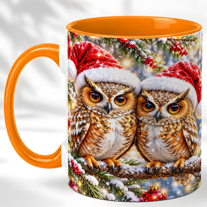 #pl[11oz|Orange] Christmas Owl Couple Coffee Mug, Winter Owl Mug, Ceramic Cup