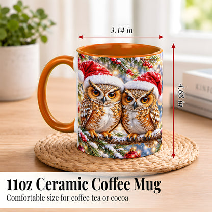 #pl[11oz|Orange] Christmas Owl Couple Coffee Mug, Winter Owl Mug, Ceramic Cup