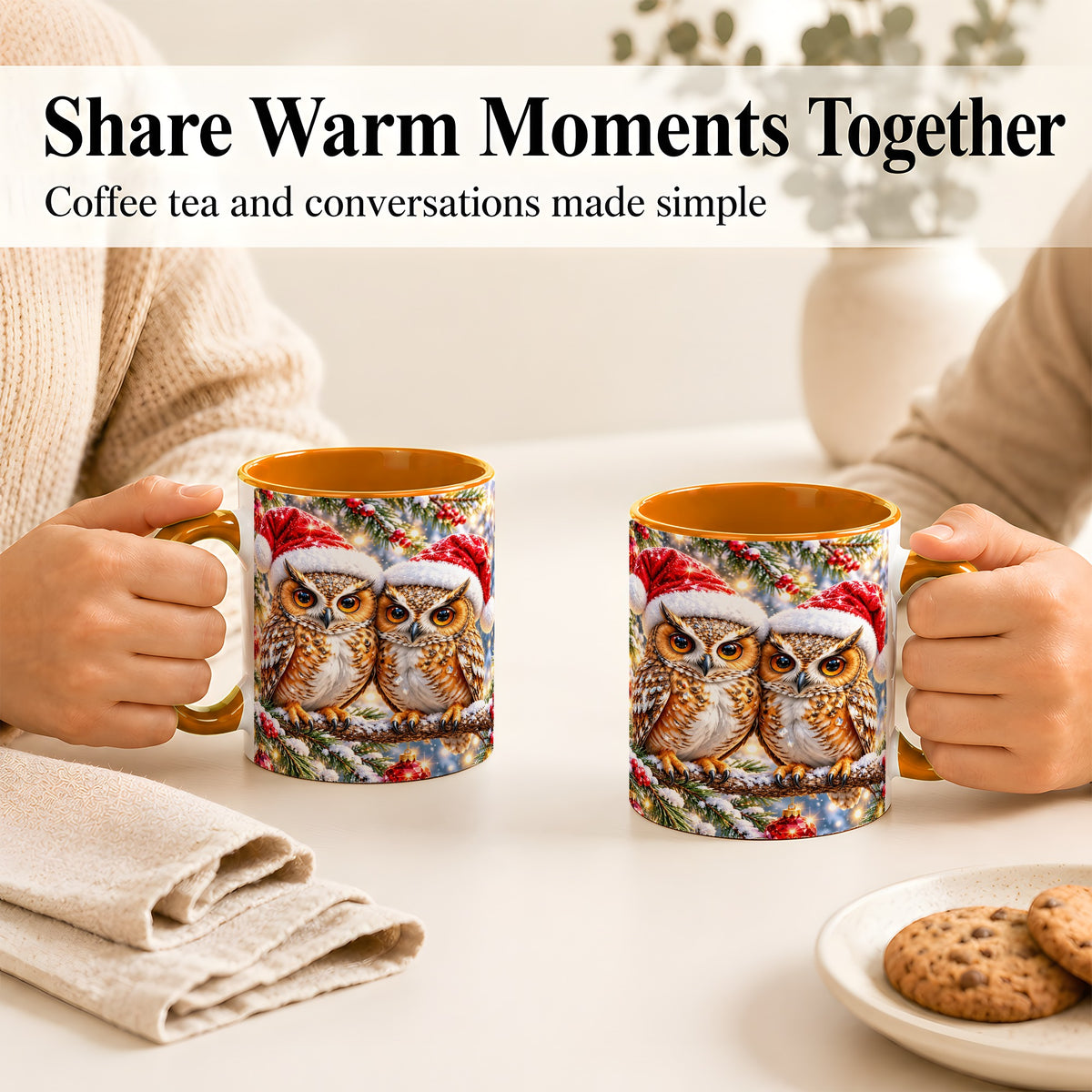 #pl[11oz|Orange] Christmas Owl Couple Coffee Mug, Winter Owl Mug, Ceramic Cup