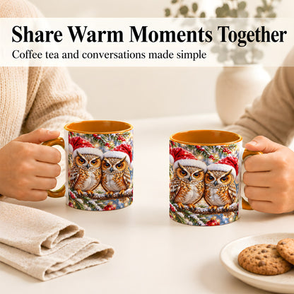 #pl[11oz|Orange] Christmas Owl Couple Coffee Mug, Winter Owl Mug, Ceramic Cup