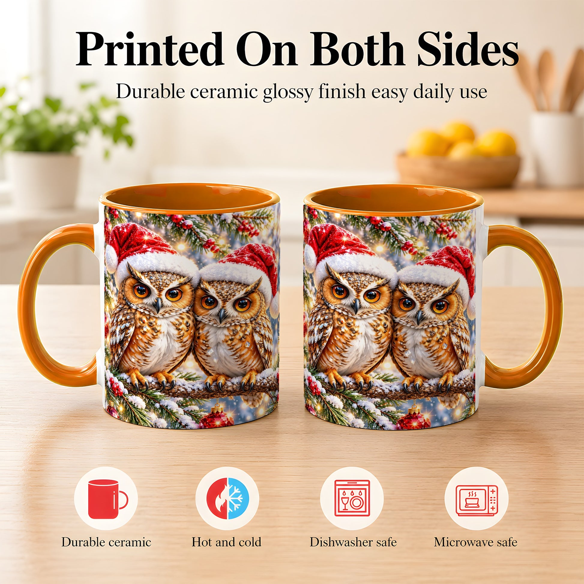 #pl[11oz|Orange] Christmas Owl Couple Coffee Mug, Winter Owl Mug, Ceramic Cup