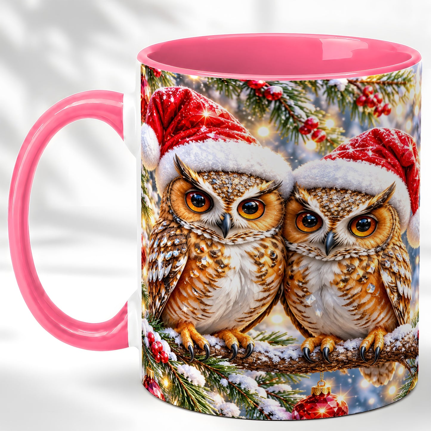 #pl[11oz|Pink] Christmas Owl Couple Coffee Mug, Winter Owl Mug, Ceramic Cup