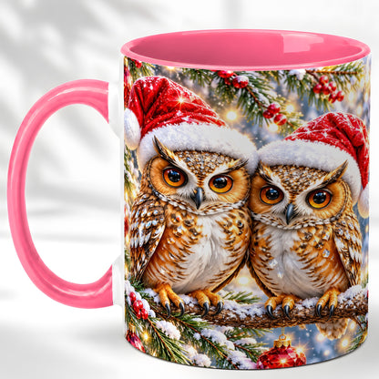 #pl[11oz|Pink] Christmas Owl Couple Coffee Mug, Winter Owl Mug, Ceramic Cup