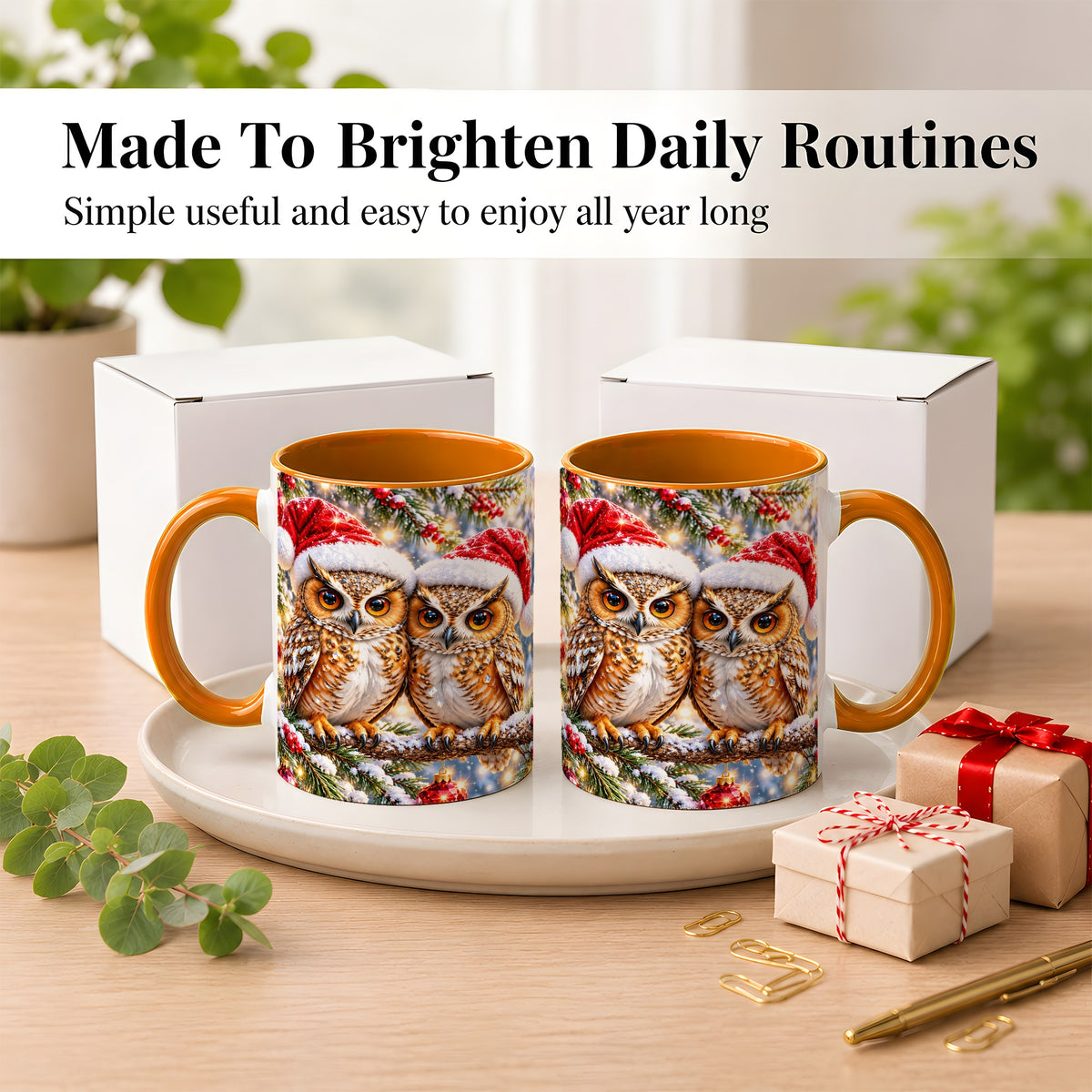 #pl[11oz|Orange] Christmas Owl Couple Coffee Mug, Winter Owl Mug, Ceramic Cup