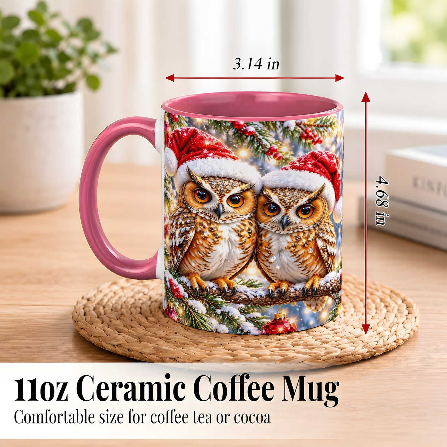 #pl[11oz|Pink] Christmas Owl Couple Coffee Mug, Winter Owl Mug, Ceramic Cup