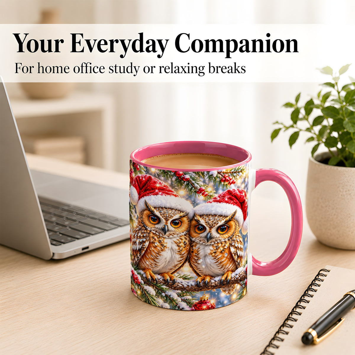 #pl[11oz|Pink] Christmas Owl Couple Coffee Mug, Winter Owl Mug, Ceramic Cup