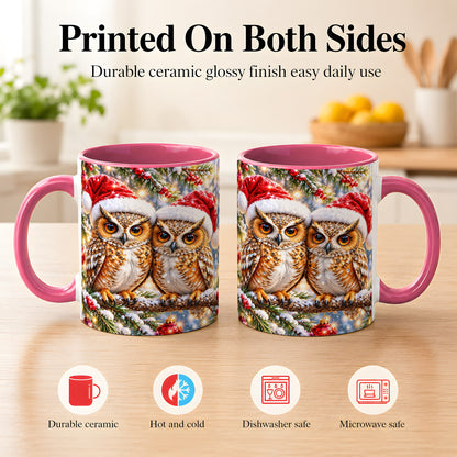 #pl[11oz|Pink] Christmas Owl Couple Coffee Mug, Winter Owl Mug, Ceramic Cup