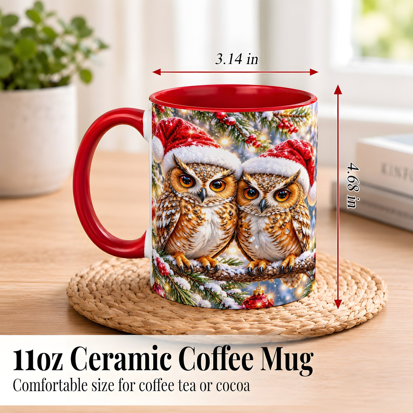 #pl[11oz|Red] Christmas Owl Couple Coffee Mug, Winter Owl Mug, Ceramic Cup
