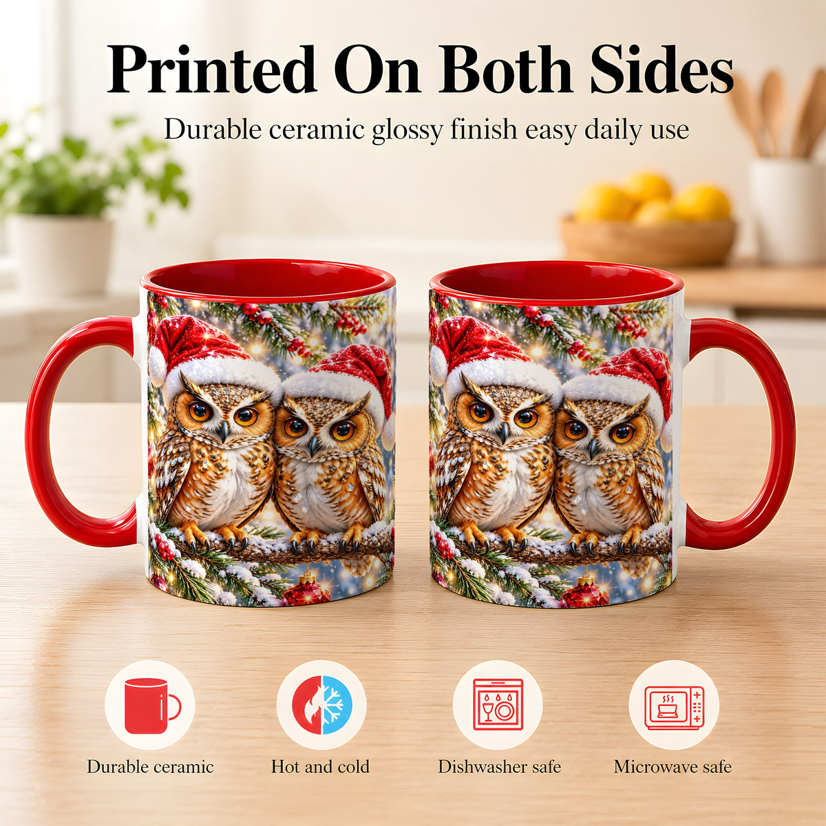 #pl[11oz|Red] Christmas Owl Couple Coffee Mug, Winter Owl Mug, Ceramic Cup