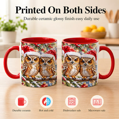 #pl[11oz|Red] Christmas Owl Couple Coffee Mug, Winter Owl Mug, Ceramic Cup