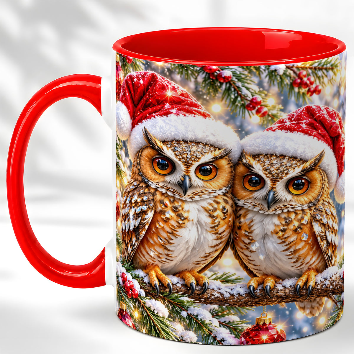 Christmas Owl Couple Coffee Mug, Winter Owl Mug, Ceramic Cup