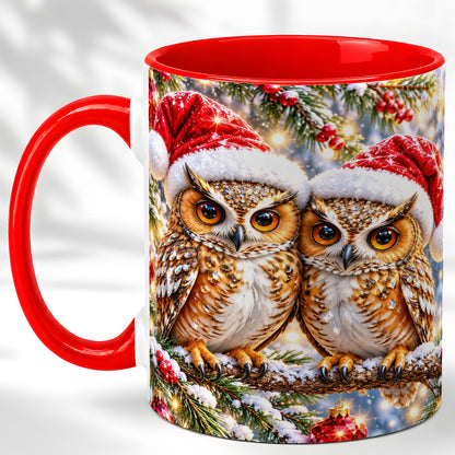Christmas Owl Couple Coffee Mug, Winter Owl Mug, Ceramic Cup