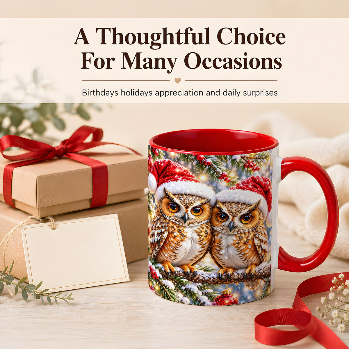 #pl[11oz|Red] Christmas Owl Couple Coffee Mug, Winter Owl Mug, Ceramic Cup