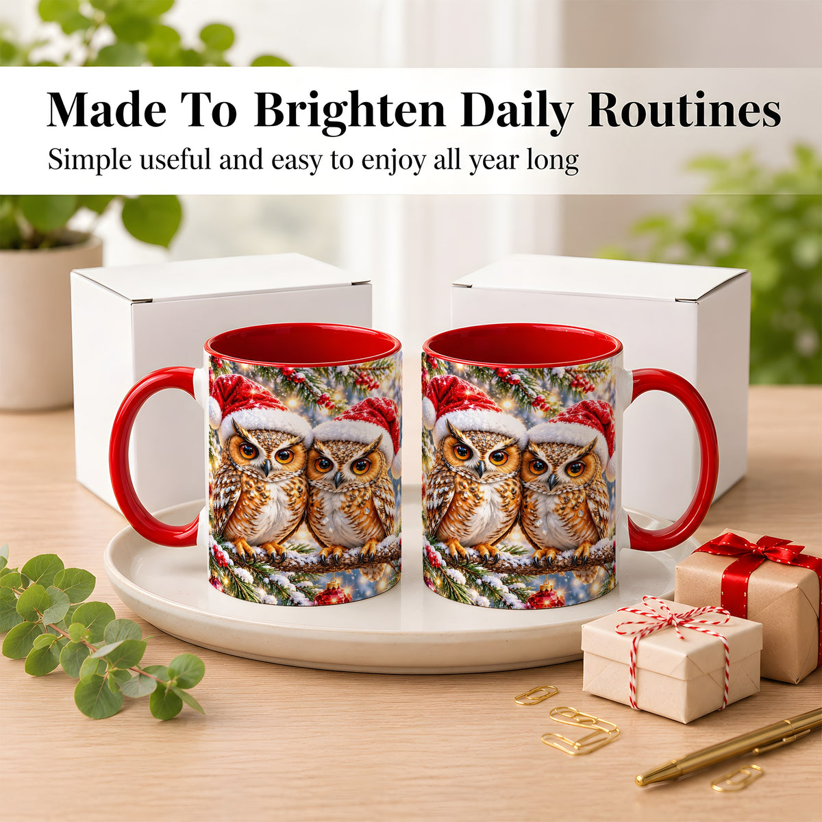 #pl[11oz|Red] Christmas Owl Couple Coffee Mug, Winter Owl Mug, Ceramic Cup