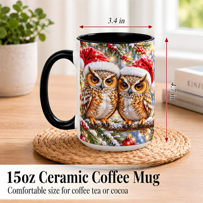#pl[15oz|Black] Christmas Owl Couple Coffee Mug, Winter Owl Mug, Ceramic Cup