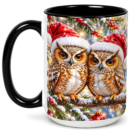 #pl[15oz|Black] Christmas Owl Couple Coffee Mug, Winter Owl Mug, Ceramic Cup