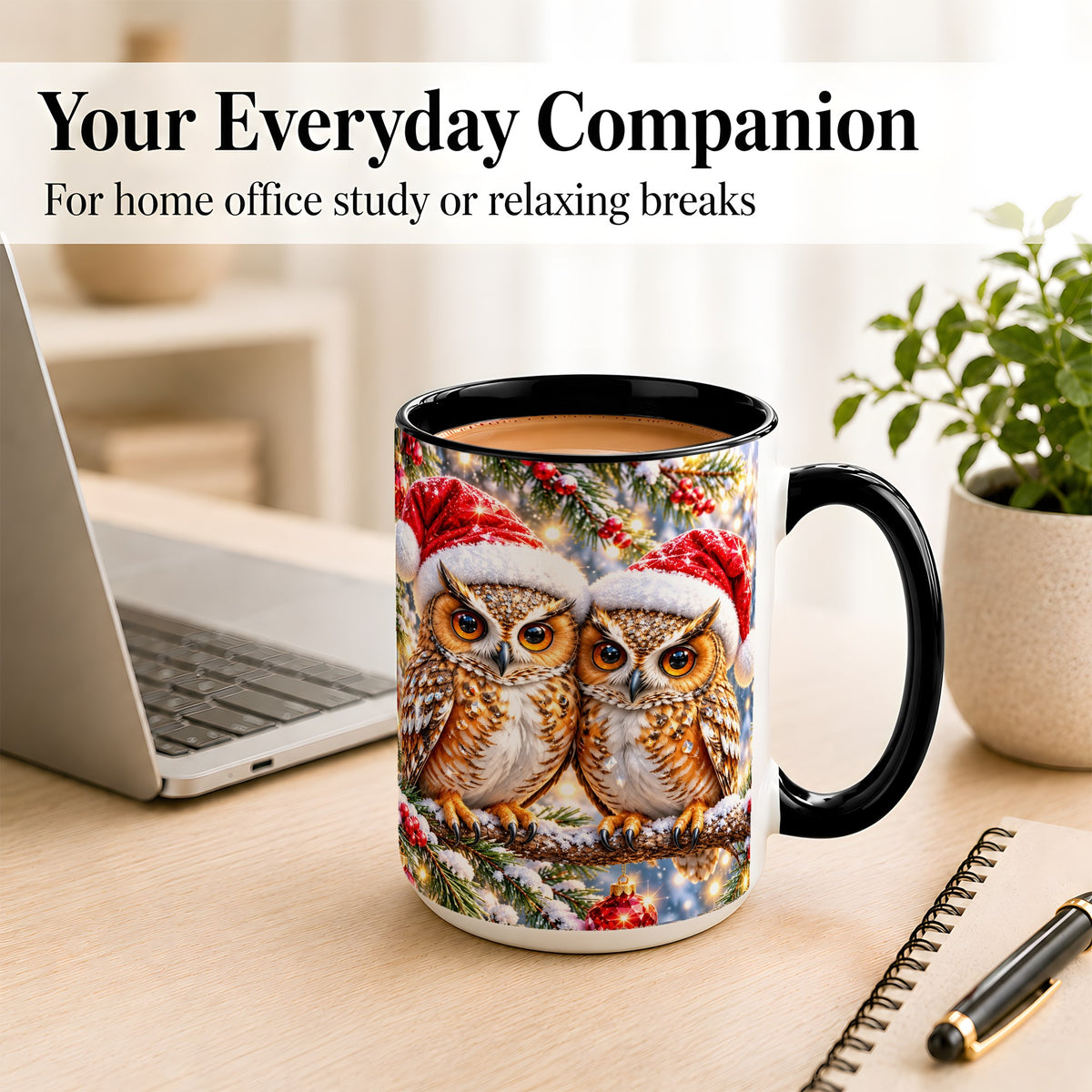 #pl[15oz|Black] Christmas Owl Couple Coffee Mug, Winter Owl Mug, Ceramic Cup