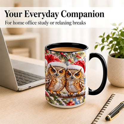 #pl[15oz|Black] Christmas Owl Couple Coffee Mug, Winter Owl Mug, Ceramic Cup