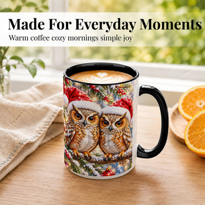 #pl[15oz|Black] Christmas Owl Couple Coffee Mug, Winter Owl Mug, Ceramic Cup