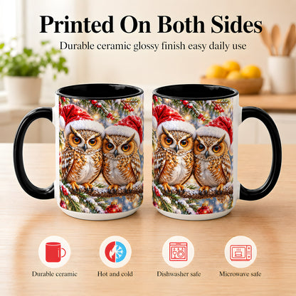 #pl[15oz|Black] Christmas Owl Couple Coffee Mug, Winter Owl Mug, Ceramic Cup