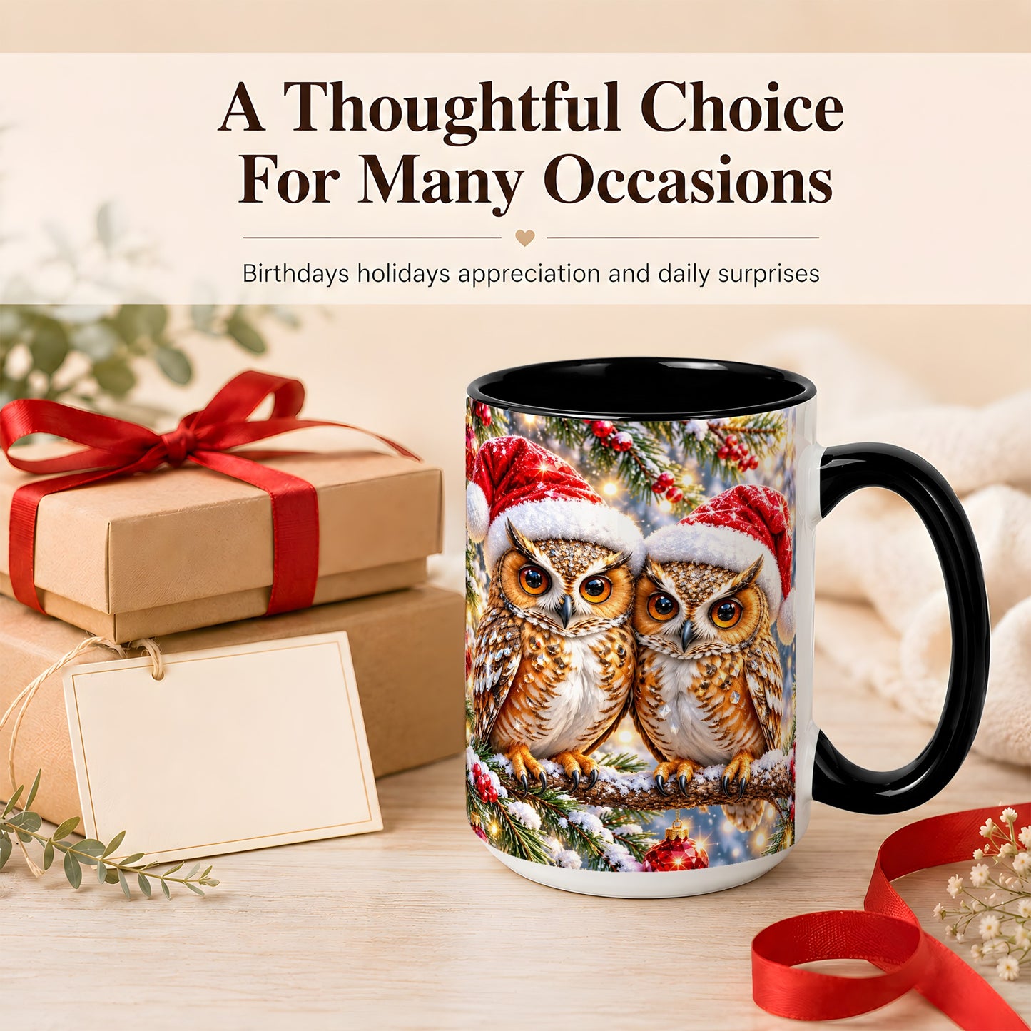 #pl[15oz|Black] Christmas Owl Couple Coffee Mug, Winter Owl Mug, Ceramic Cup