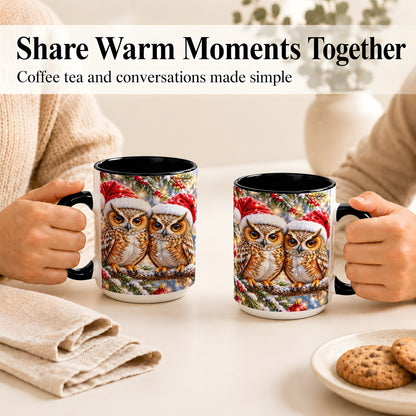 #pl[15oz|Black] Christmas Owl Couple Coffee Mug, Winter Owl Mug, Ceramic Cup