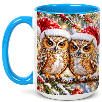 #pl[15oz|Blue] Christmas Owl Couple Coffee Mug, Winter Owl Mug, Ceramic Cup