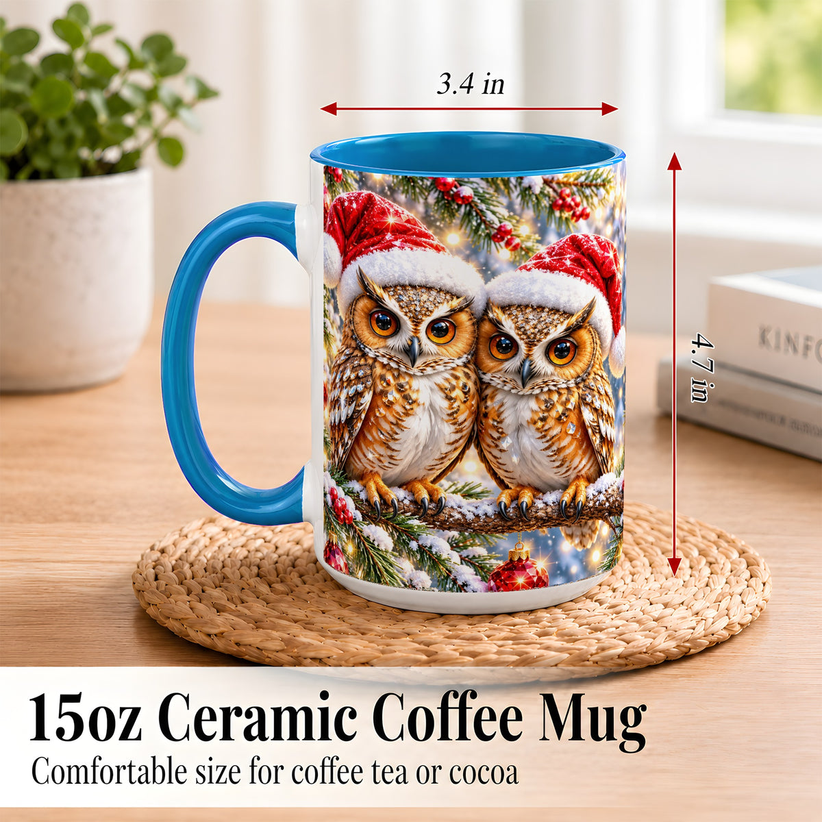 #pl[15oz|Blue] Christmas Owl Couple Coffee Mug, Winter Owl Mug, Ceramic Cup