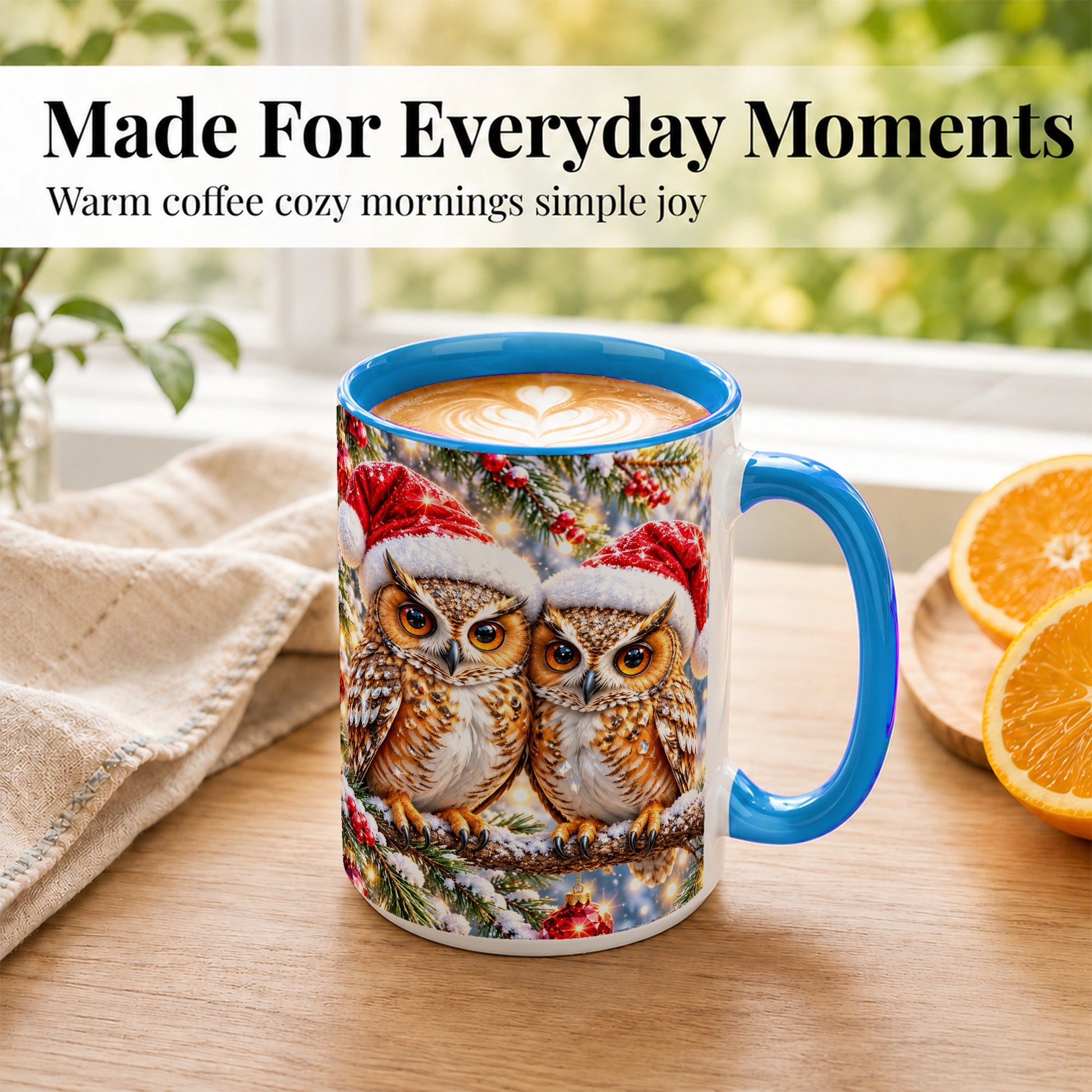 #pl[15oz|Blue] Christmas Owl Couple Coffee Mug, Winter Owl Mug, Ceramic Cup