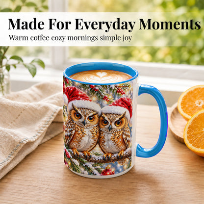 #pl[15oz|Blue] Christmas Owl Couple Coffee Mug, Winter Owl Mug, Ceramic Cup