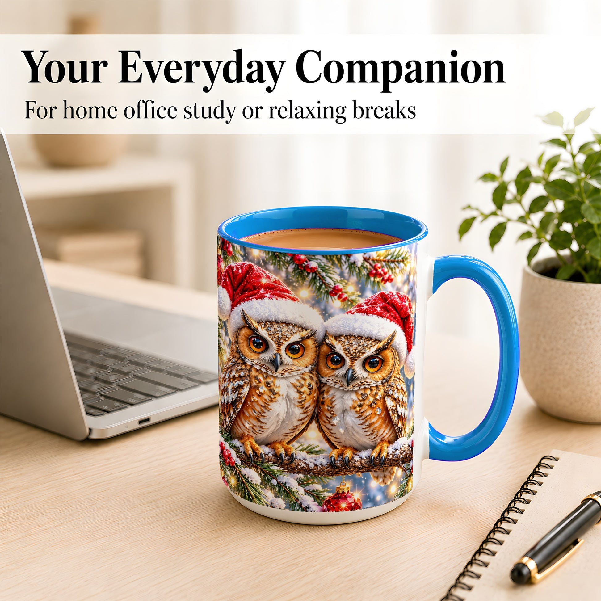 #pl[15oz|Blue] Christmas Owl Couple Coffee Mug, Winter Owl Mug, Ceramic Cup