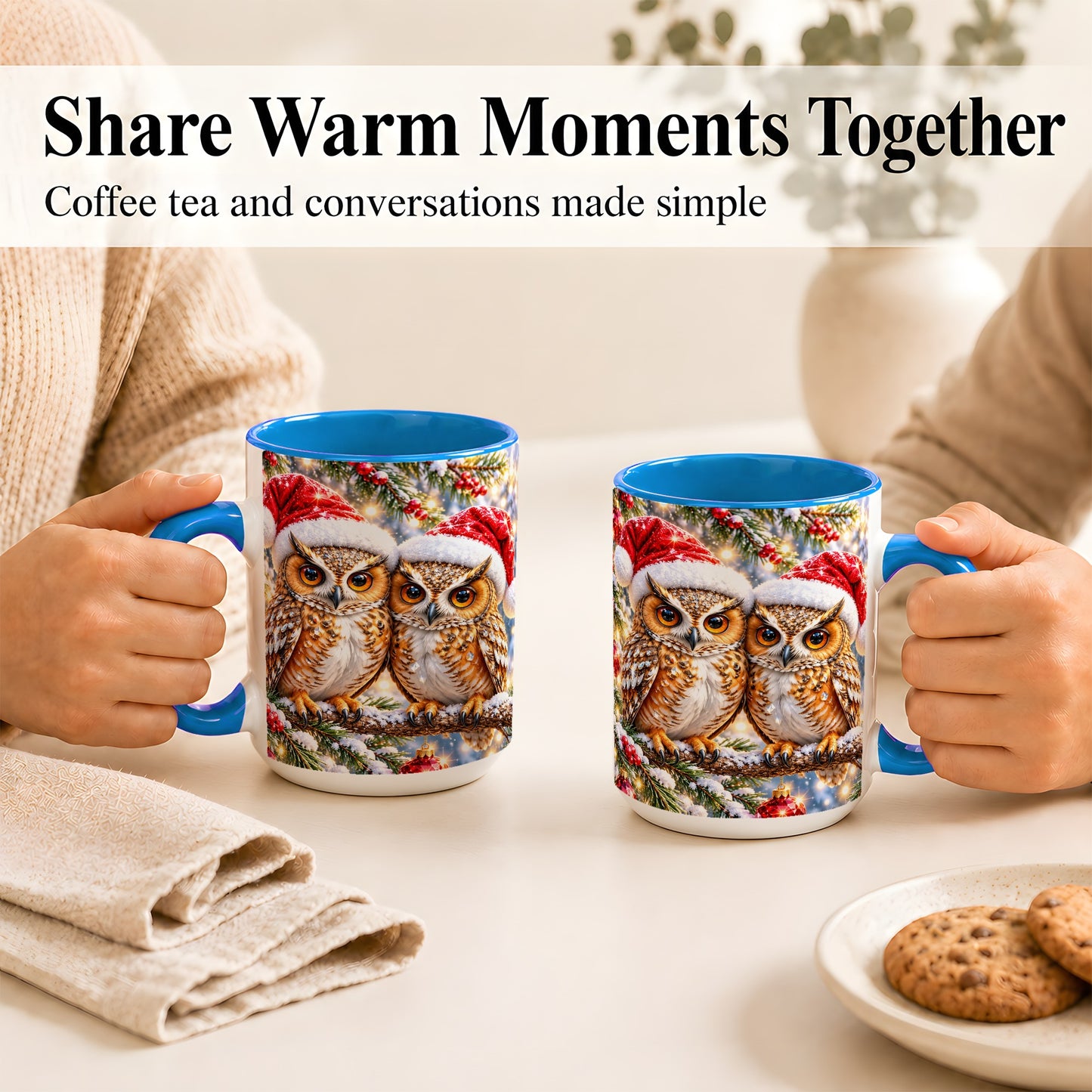 #pl[15oz|Blue] Christmas Owl Couple Coffee Mug, Winter Owl Mug, Ceramic Cup