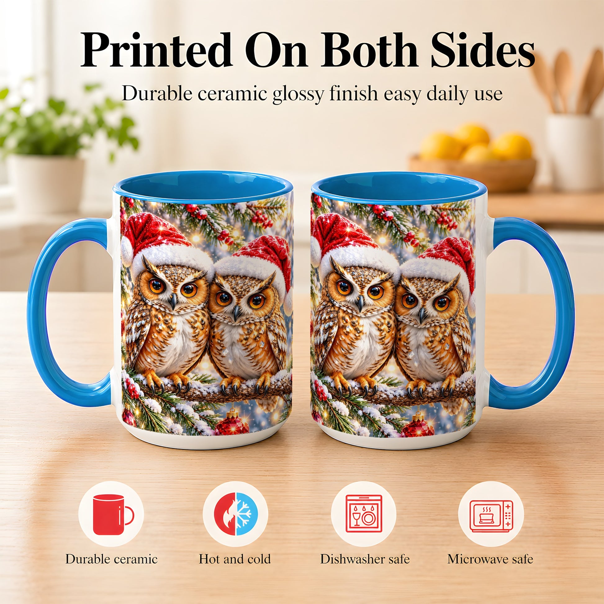 #pl[15oz|Blue] Christmas Owl Couple Coffee Mug, Winter Owl Mug, Ceramic Cup