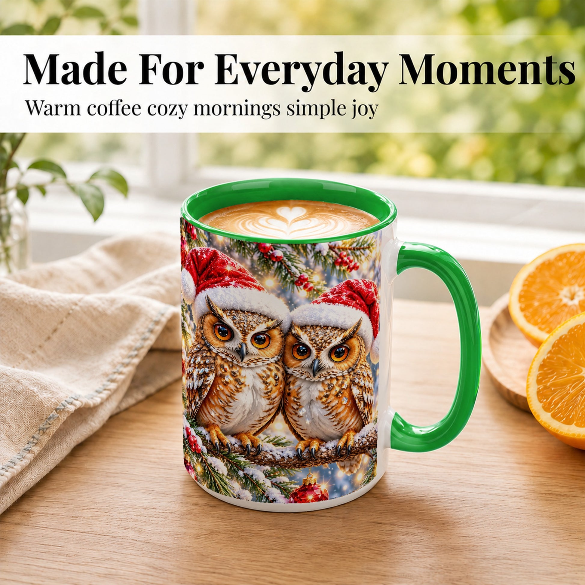 #pl[15oz|Green] Christmas Owl Couple Coffee Mug, Winter Owl Mug, Ceramic Cup