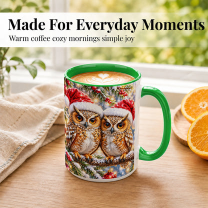 #pl[15oz|Green] Christmas Owl Couple Coffee Mug, Winter Owl Mug, Ceramic Cup