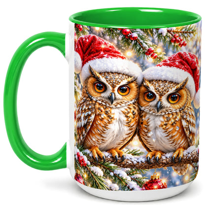 #pl[15oz|Green] Christmas Owl Couple Coffee Mug, Winter Owl Mug, Ceramic Cup