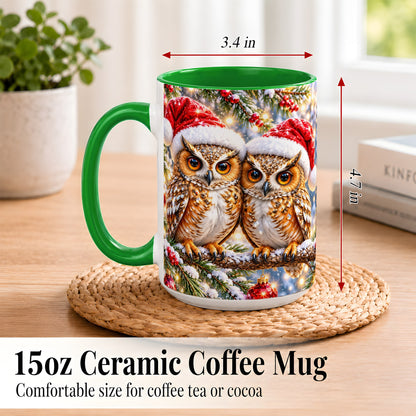 #pl[15oz|Green] Christmas Owl Couple Coffee Mug, Winter Owl Mug, Ceramic Cup