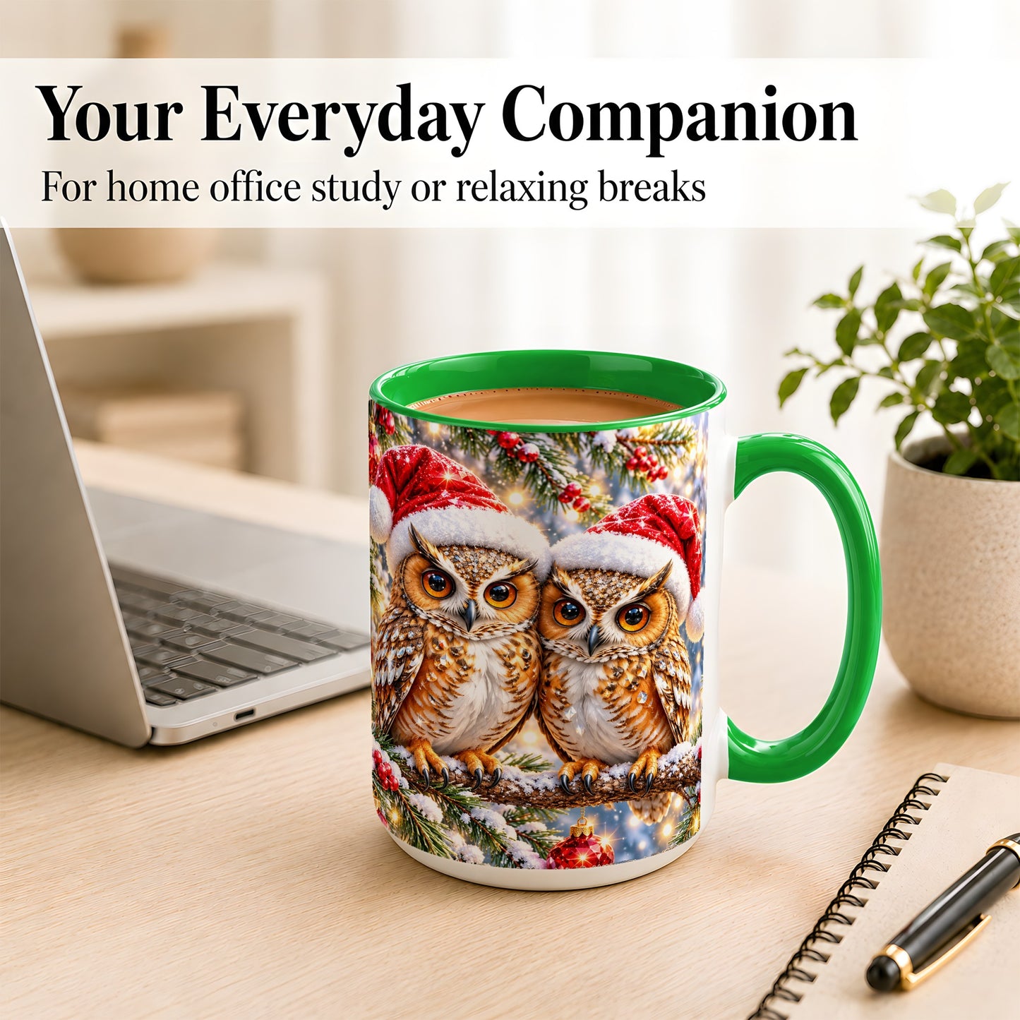 #pl[15oz|Green] Christmas Owl Couple Coffee Mug, Winter Owl Mug, Ceramic Cup