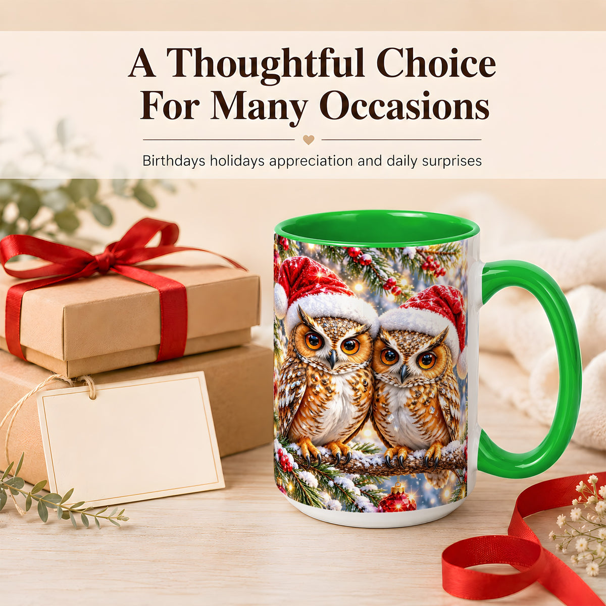 #pl[15oz|Green] Christmas Owl Couple Coffee Mug, Winter Owl Mug, Ceramic Cup