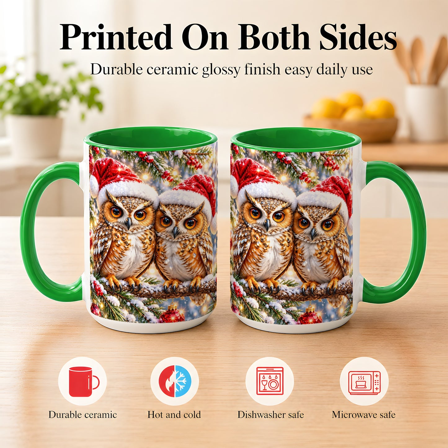 #pl[15oz|Green] Christmas Owl Couple Coffee Mug, Winter Owl Mug, Ceramic Cup