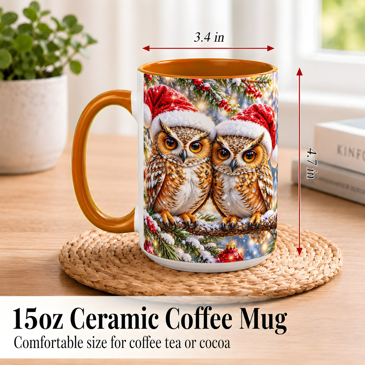 #pl[15oz|Orange] Christmas Owl Couple Coffee Mug, Winter Owl Mug, Ceramic Cup