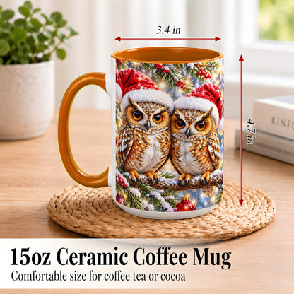#pl[15oz|Orange] Christmas Owl Couple Coffee Mug, Winter Owl Mug, Ceramic Cup
