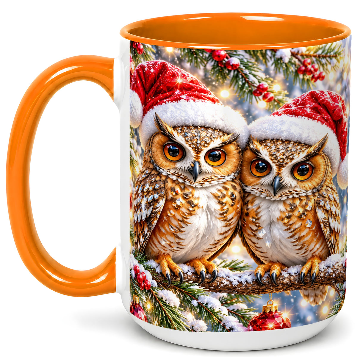#pl[15oz|Orange] Christmas Owl Couple Coffee Mug, Winter Owl Mug, Ceramic Cup
