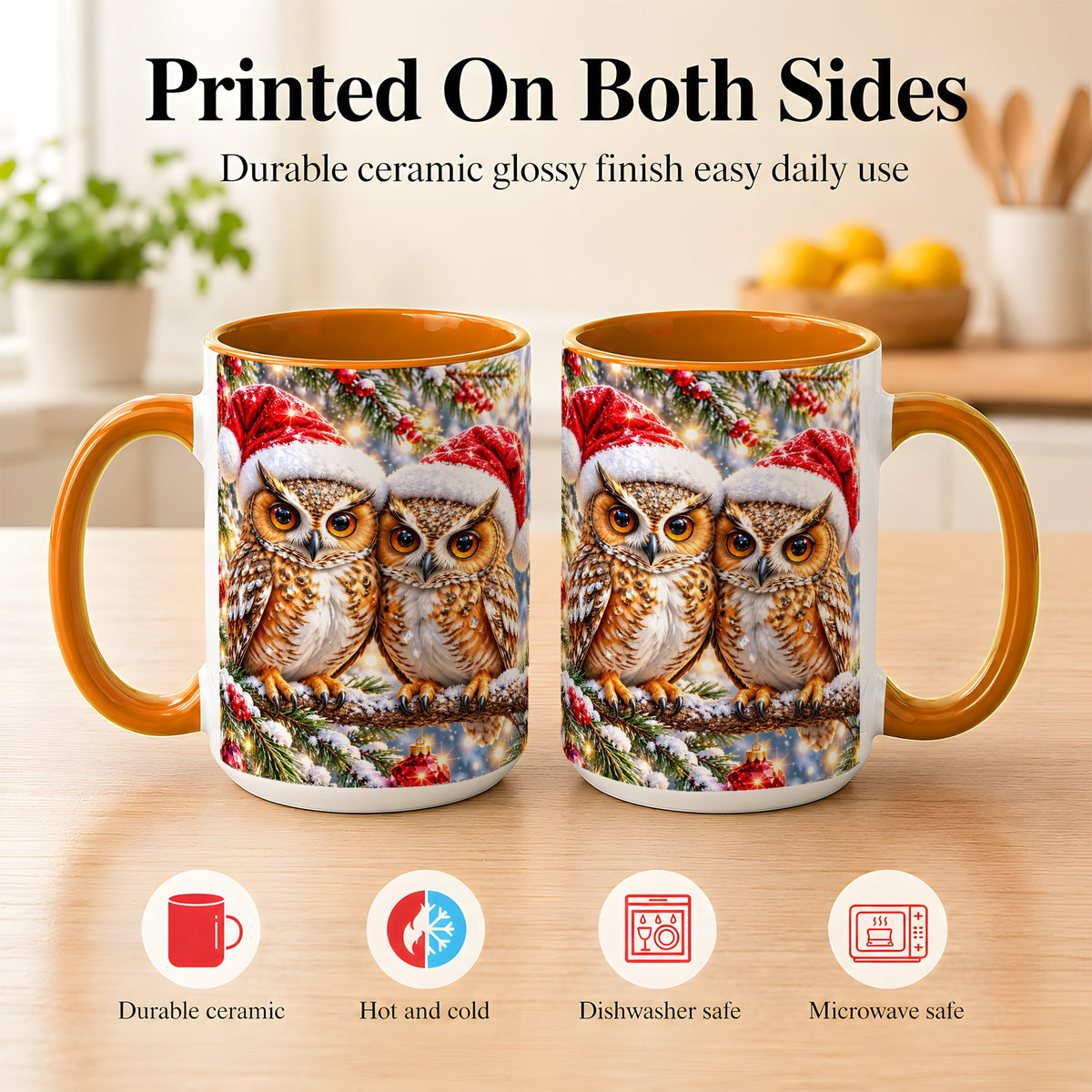 #pl[15oz|Orange] Christmas Owl Couple Coffee Mug, Winter Owl Mug, Ceramic Cup