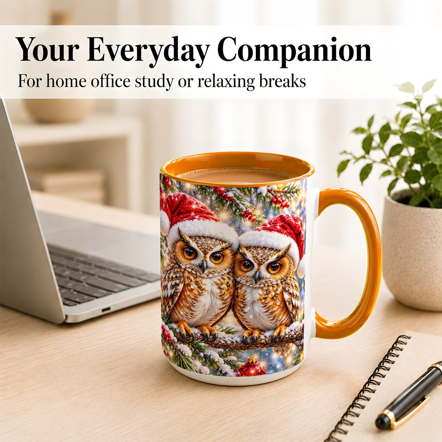 #pl[15oz|Orange] Christmas Owl Couple Coffee Mug, Winter Owl Mug, Ceramic Cup
