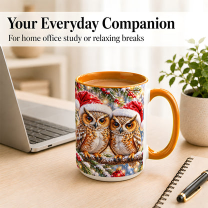 #pl[15oz|Orange] Christmas Owl Couple Coffee Mug, Winter Owl Mug, Ceramic Cup