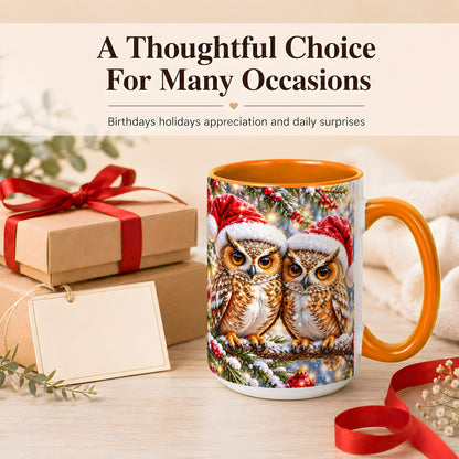 #pl[15oz|Orange] Christmas Owl Couple Coffee Mug, Winter Owl Mug, Ceramic Cup