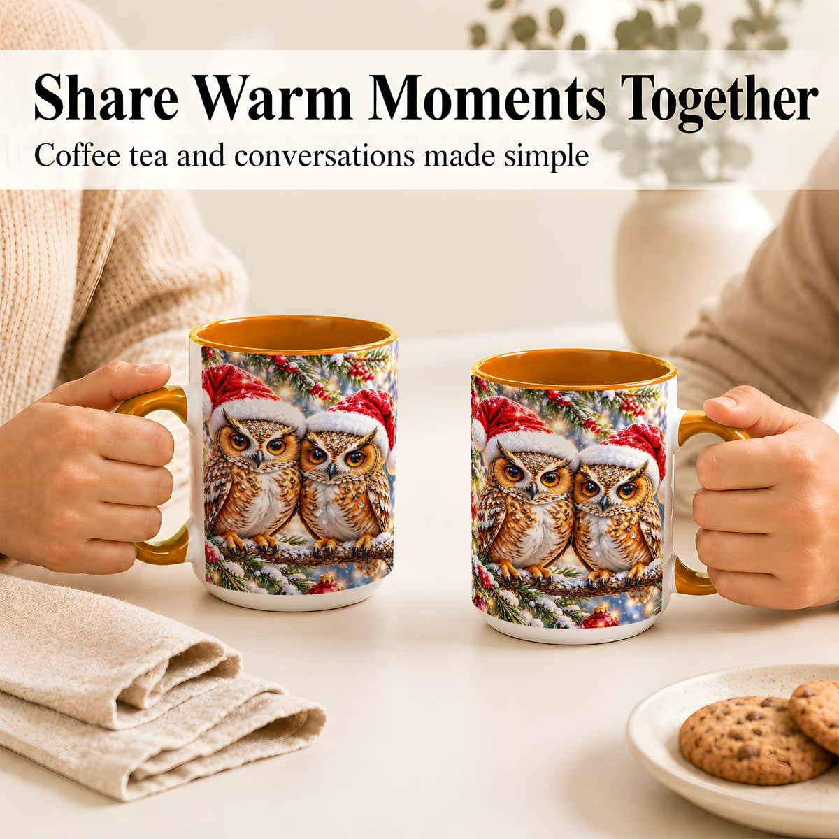 #pl[15oz|Orange] Christmas Owl Couple Coffee Mug, Winter Owl Mug, Ceramic Cup