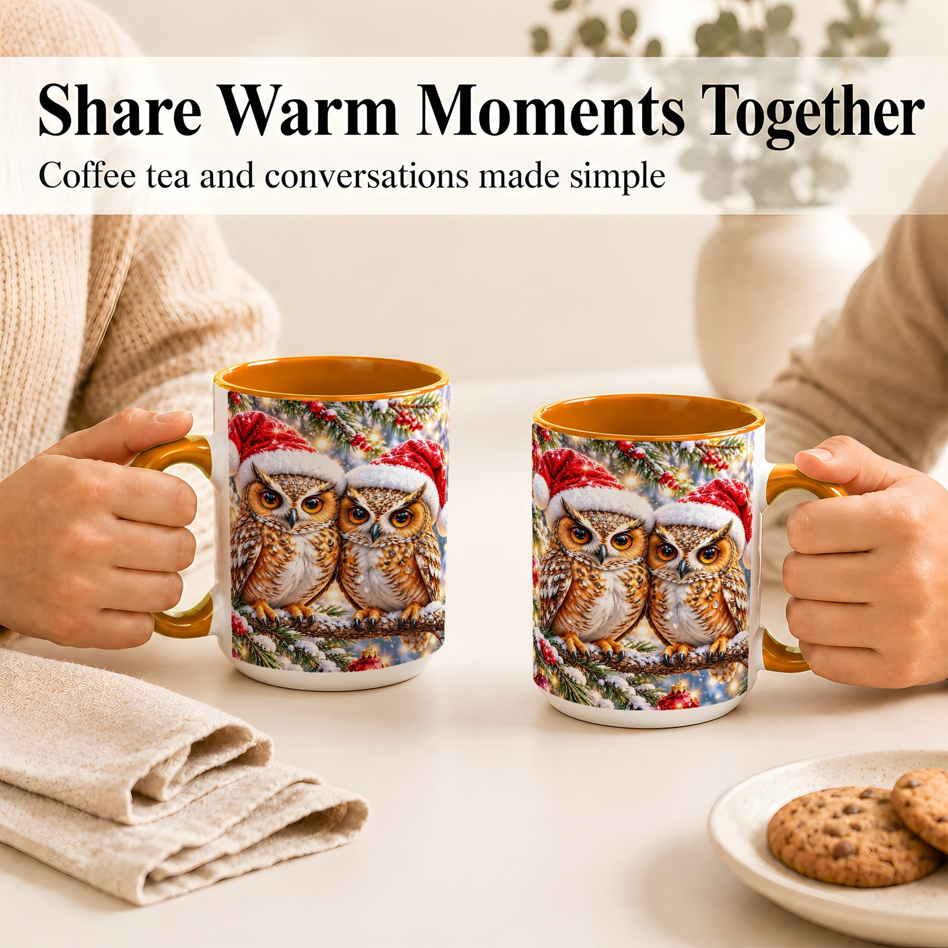 #pl[15oz|Orange] Christmas Owl Couple Coffee Mug, Winter Owl Mug, Ceramic Cup
