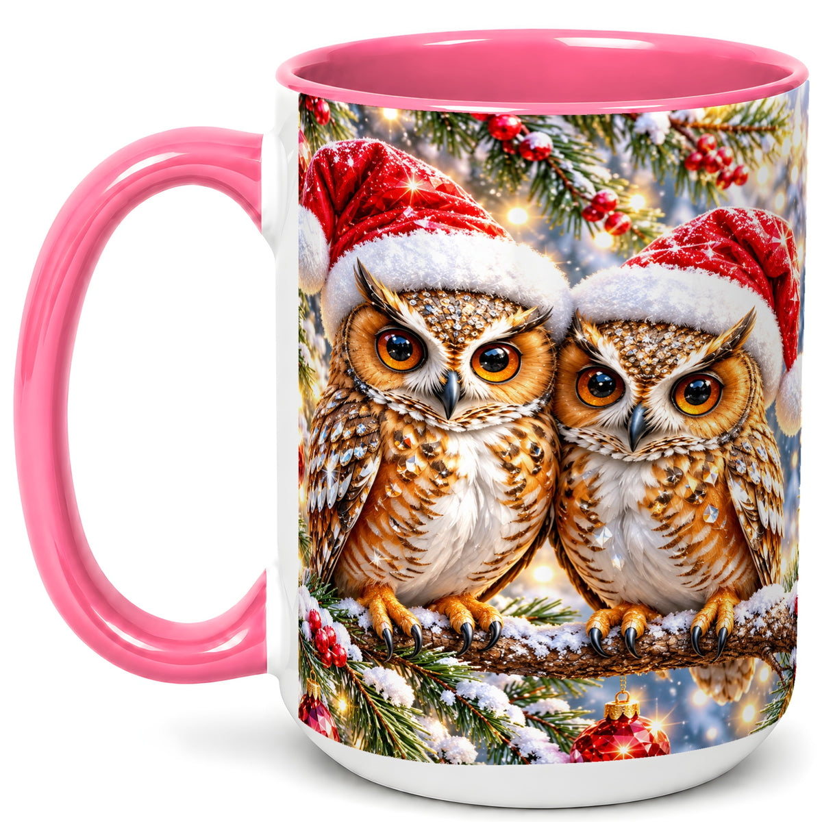 #pl[15oz|Pink] Christmas Owl Couple Coffee Mug, Winter Owl Mug, Ceramic Cup